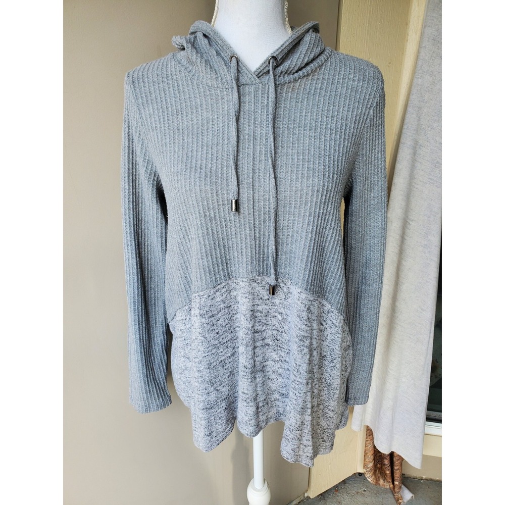 BKE Hoodie Womens Small Gray Pullover Waffle Mixed Media Soft Cozy Lounge Relax